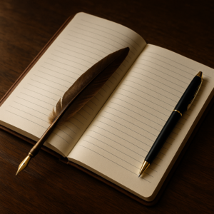 open notebook with lines and ink quill